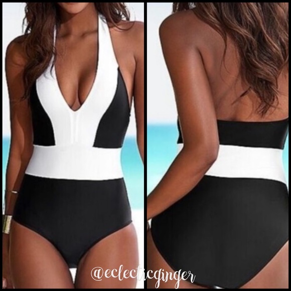 Black white colorblock halter bathing suit - Picture 2 of 6